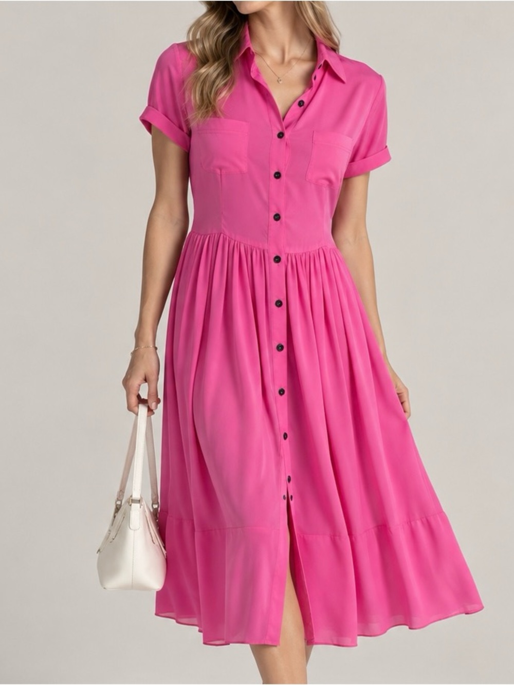AMO Bright Pink Button-Front Midi Shirtdress